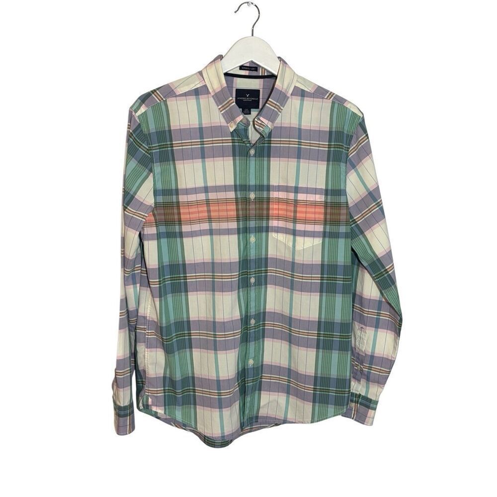 American Eagle “Seriously Soft” purple and green cotton plaid shirt - L
